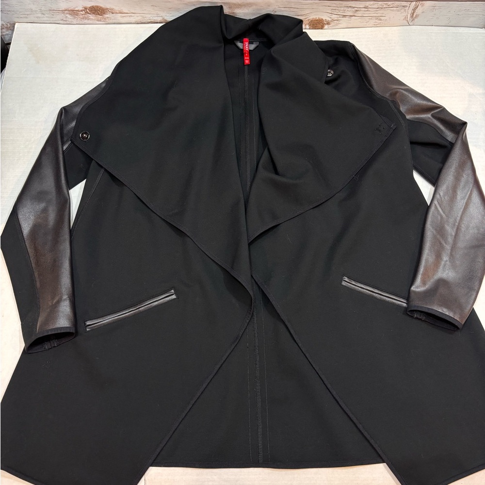 SPANX Black Drape Front Faux Leather Jacket
